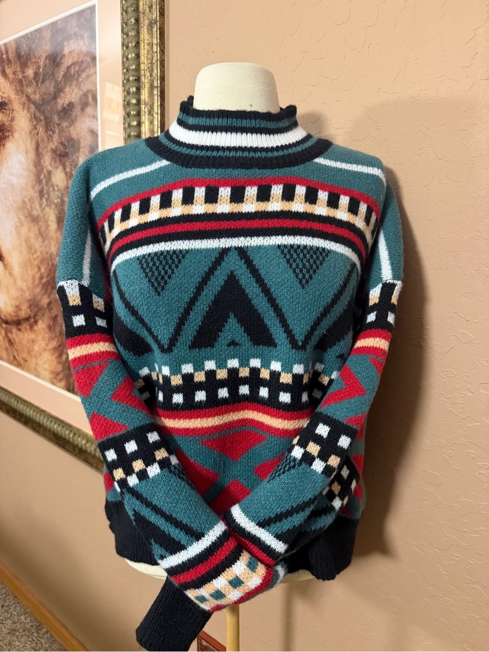 100% Cotton Geometric Teal Multicolor Cowl Sweater Size L